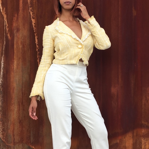 Cropped Yellow Tweed Blazer by Cabi sz xs - Picture 3 of 5
